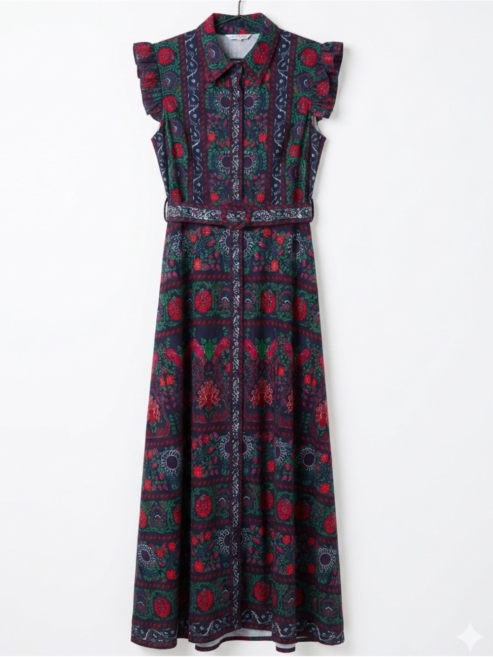 Sleeveless Floral Button-Front Maxi Dress in Navy and Red